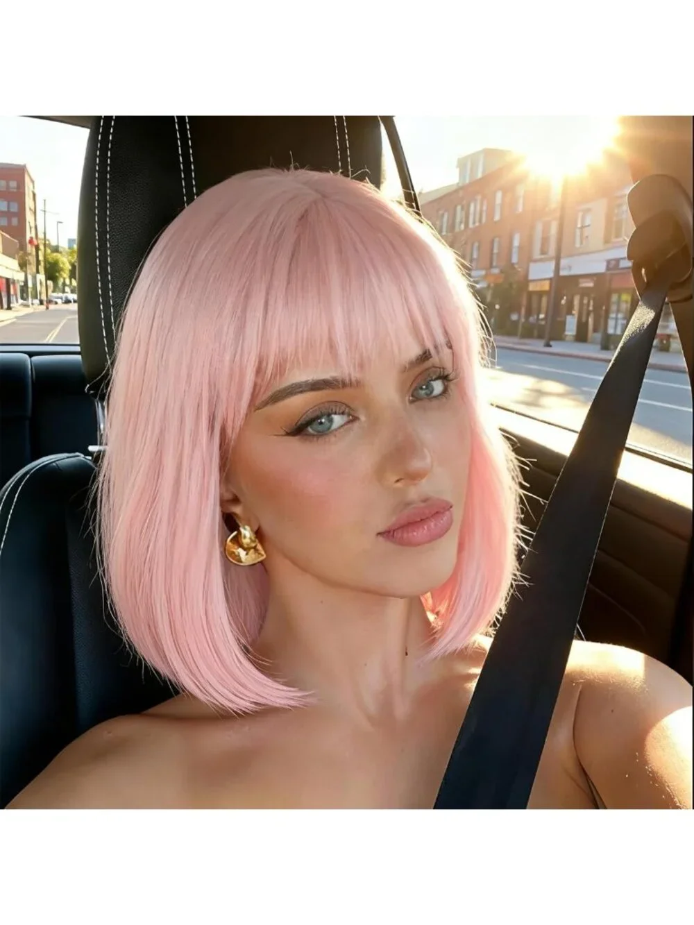 Light Pink Bob Wig with Bangs - Trendy, Stylish, Adjustable Length for Women